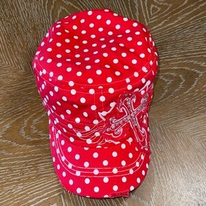 Nyla District Red & White Polka Dot Cross Ball Cap 100% Cotton